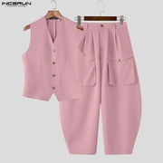 INCERUN hommes ensembles couleur unie col en V gilets sans manches et pantalons à jambes larges deux pièces ensembles Streetwear mode hommes costumes décontractés S-5XL