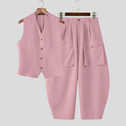 INCERUN hommes ensembles couleur unie col en V gilets sans manches et pantalons à jambes larges deux pièces ensembles Streetwear mode hommes costumes décontractés S-5XL