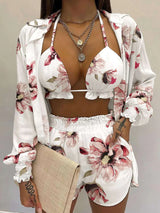 Full Size Halter Neck Cami & Shirt & Shorts 3-Piece Outfit Set Plus Size - photo produit 1 - VELZAR