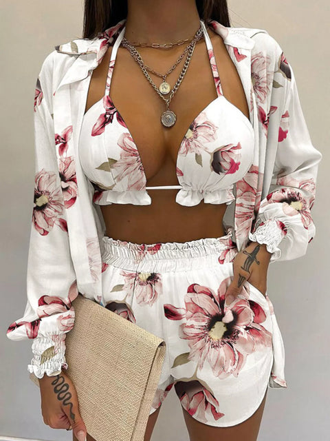 Full Size Halter Neck Cami & Shirt & Shorts 3-Piece Outfit Set Plus Size - photo produit 1 - VELZAR