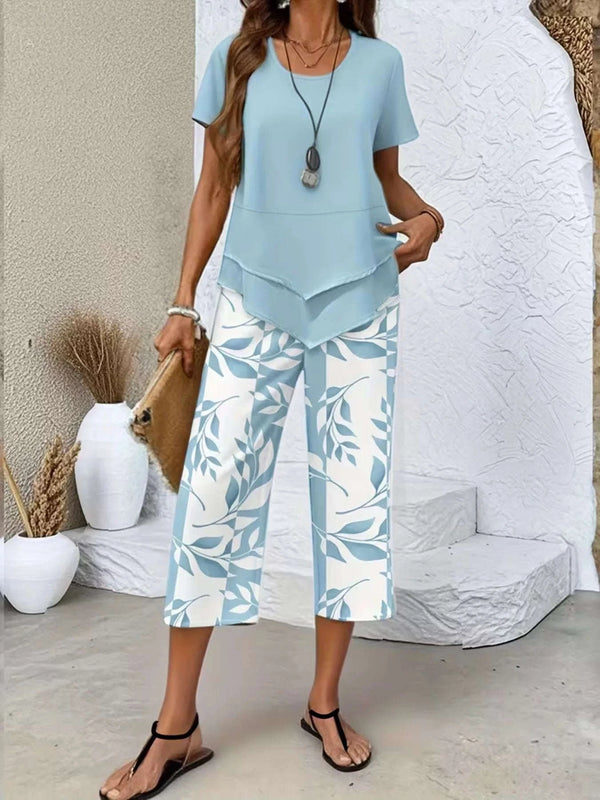 Ensemble Haut Superposé et Pantalon Court Imprimé Feuilles - photo produit 1 - VELZAR