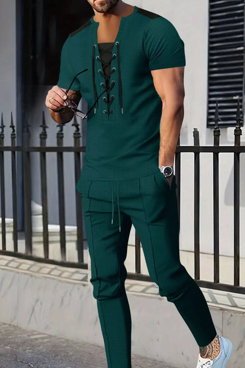 Men's Full Size Lace-Up Front Top and Pants Casual Set Plus Size - photo produit 1 - VELZAR