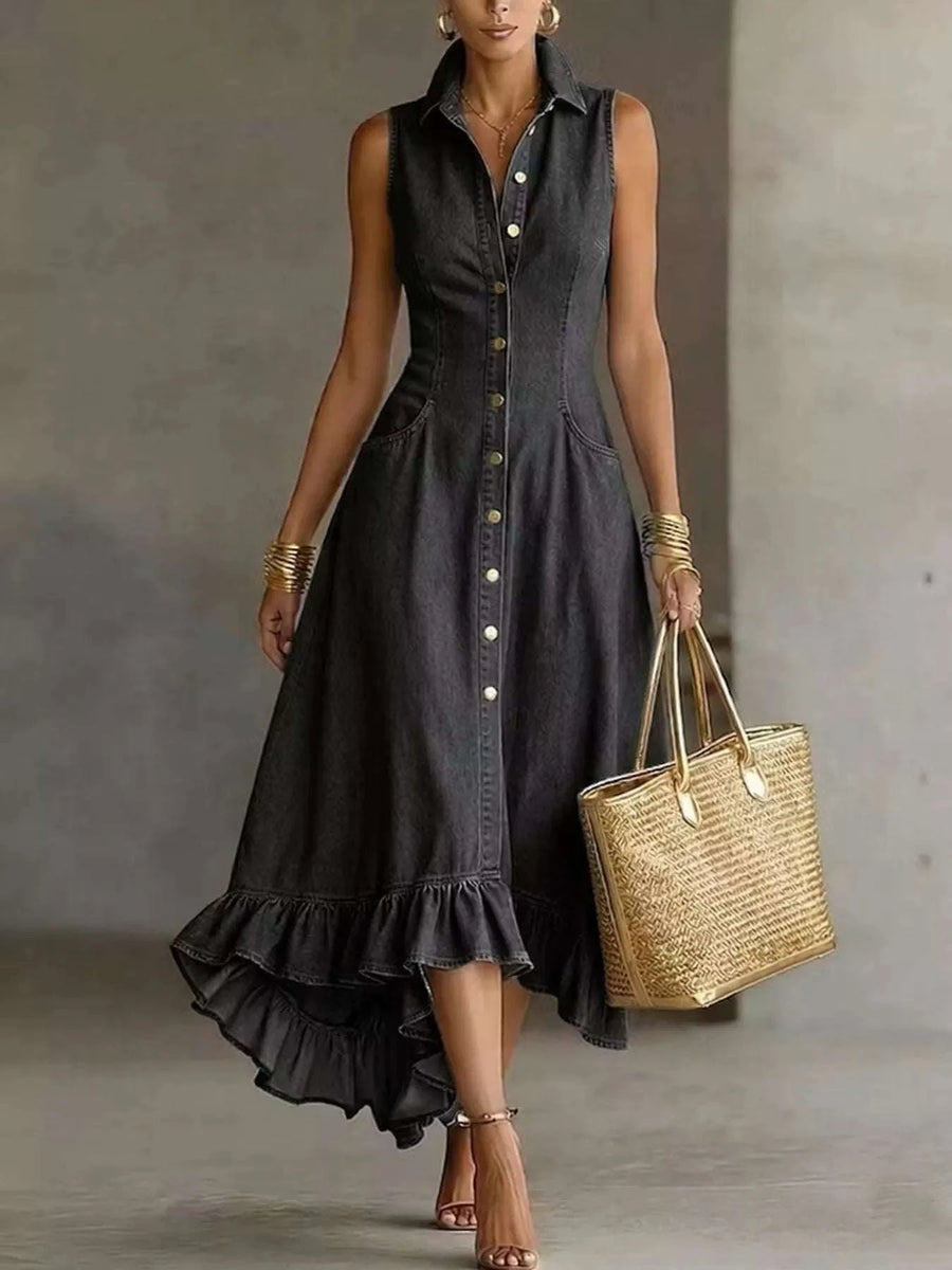 Robe en Denim Sans Manches Ourlet Volanté Grande Taille