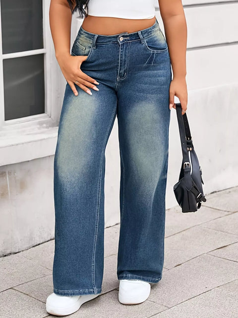 Plus Size Vintage Wash Wide Leg Jeans - photo produit 1 - VELZAR