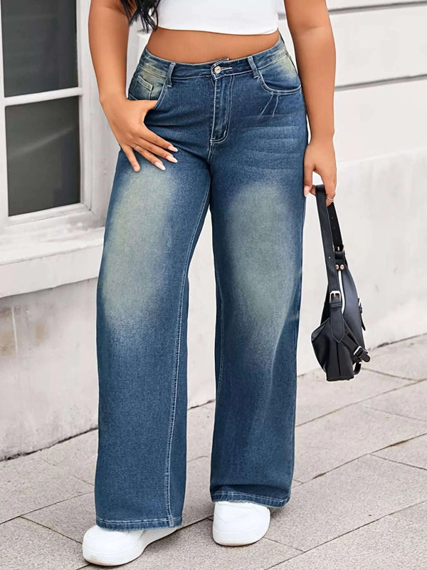 Plus Size Vintage Wash Wide Leg Jeans - photo produit 1 - VELZAR