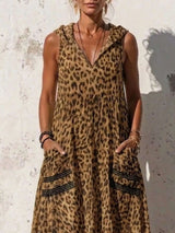 Full Size Sleeveless Hooded Leopard Print Maxi Dress with Pockets Plus Size - photo produit 6 - VELZAR