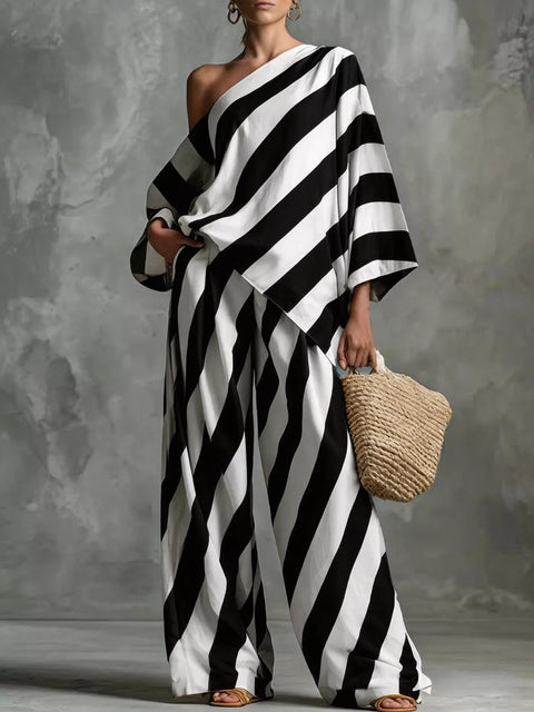 Full Size One-Shoulder Striped Top and Wide-Leg Pants Set Plus Size - photo produit 1 - VELZAR