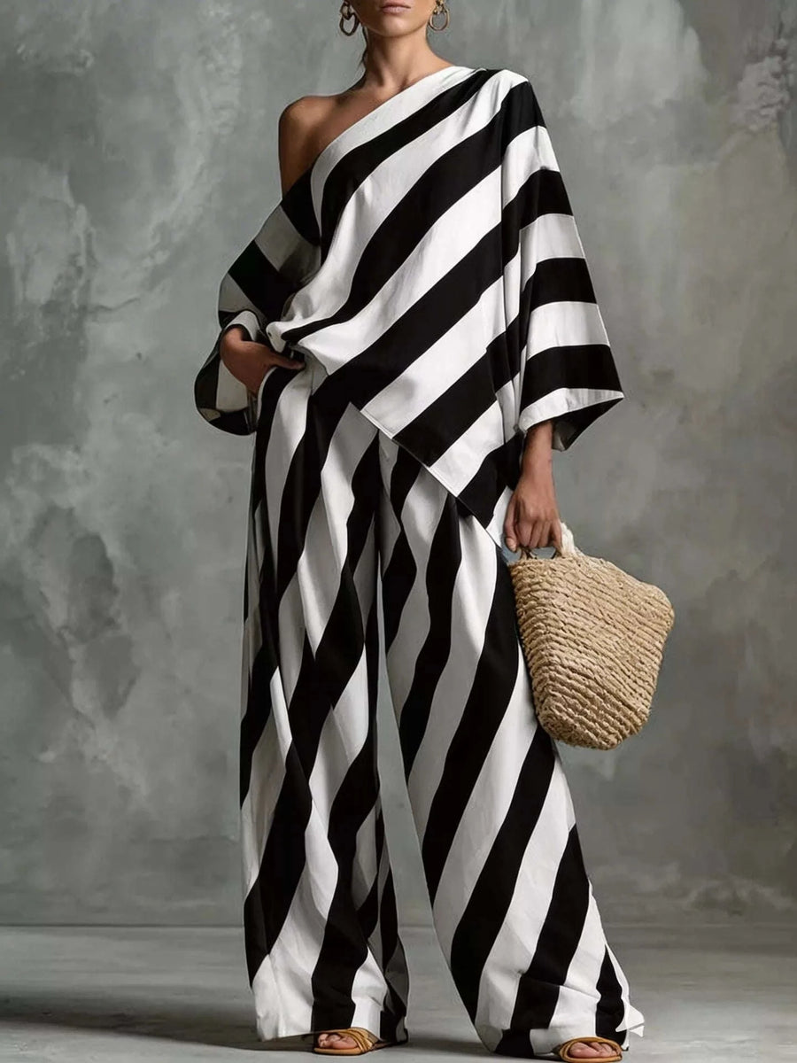 Ensemble Haut Une Épaule Rayé et Pantalon Jambe Large Grande Taille