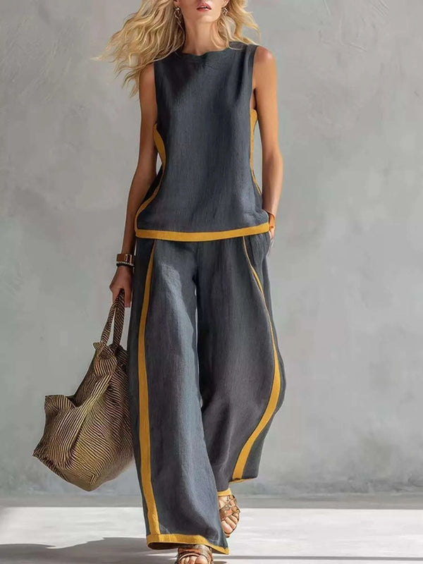 Ensemble Haut Sans Manches Rayures Contrastantes et Pantalon Jambe Large Grande Taille - photo produit 1 - VELZAR