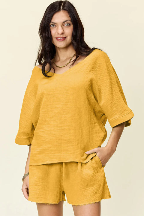 Double Take – Ensemble T-Shirt Texturé Manches Mi-Longues et Short à Cordon - photo produit 1 - VELZAR