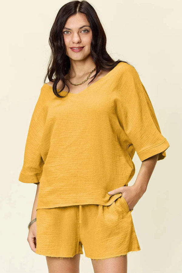 Double Take – Ensemble T-Shirt Texturé Manches Mi-Longues et Short à Cordon - photo produit 1 - VELZAR