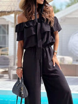 Off-Shoulder Ruffled Wide Leg Jumpsuit - photo produit 4 - VELZAR