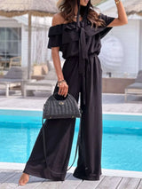 Off-Shoulder Ruffled Wide Leg Jumpsuit - photo produit 1 - VELZAR