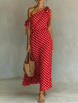 Full Size Polka Dot One-Shoulder Maxi Dress with Tie Details Plus Size - photo produit 6 - VELZAR