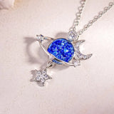 Starry Sky Inlaid Zircon Moon Star Necklace with blue resin planet and silver detailing, exquisite bijoux for femme.