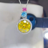 11.5 Carat Moissanite 925 Sterling Silver Necklace featuring vibrant yellow, pink, and blue gemstones.