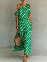Full Size Polka Dot One-Shoulder Maxi Dress with Tie Details Plus Size - photo produit 5 - VELZAR