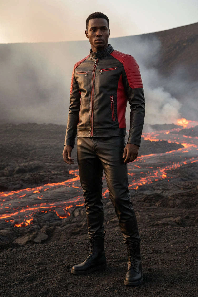 Veste Moto en Cuir Bicolore Coupe Ajustée Homme Grande Taille