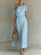 Full Size Polka Dot One-Shoulder Maxi Dress with Tie Details Plus Size - photo produit 3 - VELZAR