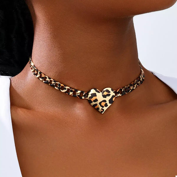 Leopard Heart Chain Necklace in gold-plated alloy with leopard print design, showcasing a stylish choker length.