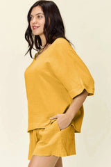 Double Take – Ensemble T-Shirt Texturé Manches Mi-Longues et Short à Cordon - photo produit 3 - VELZAR