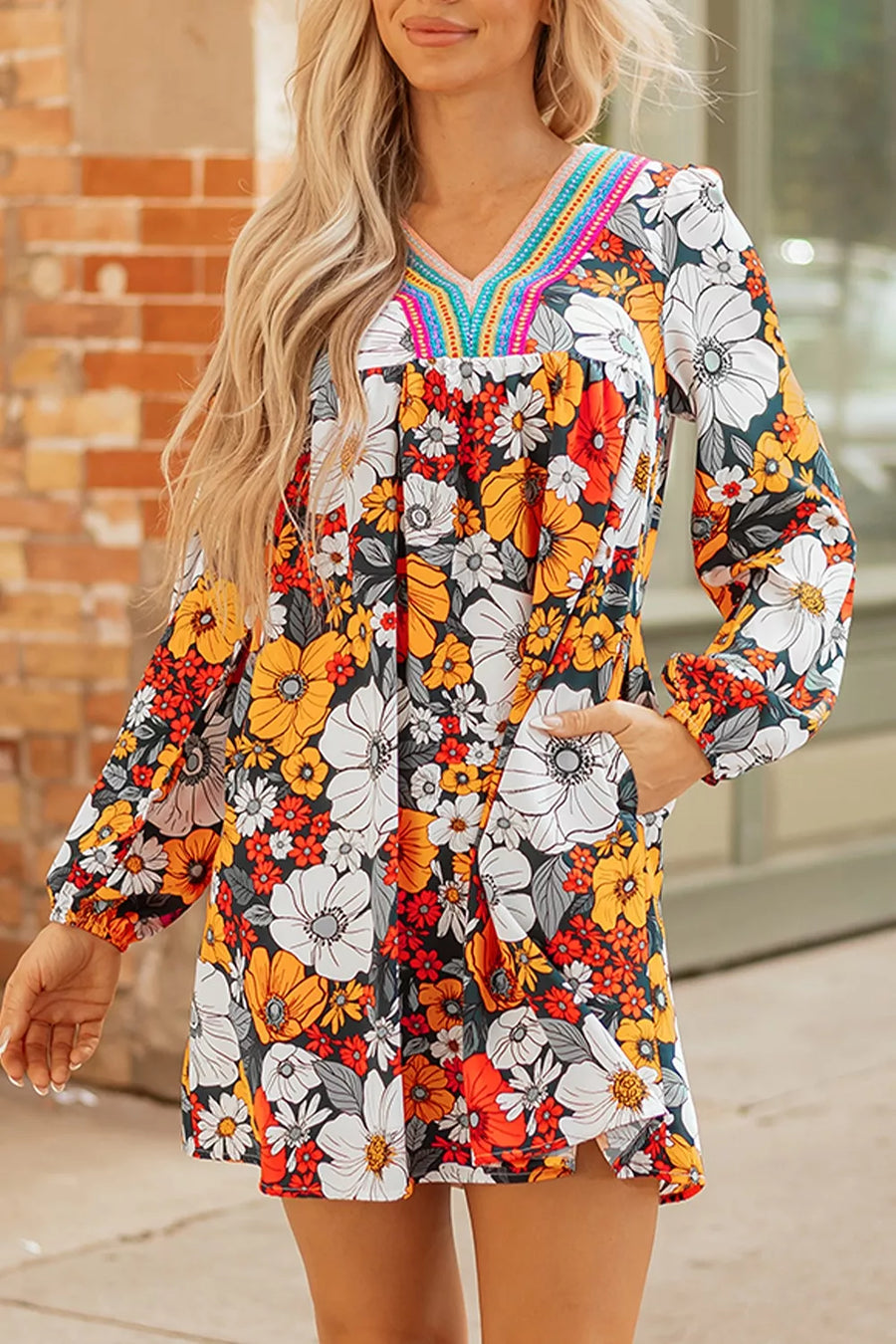 Robe Courte Bohème Col en V Imprimé Floral à Poches