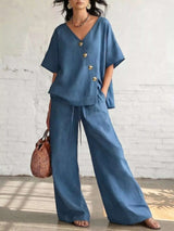 Full Size Surplice Half Sleeve Top and Wide-Leg Pants Set Plus Size - photo produit 3 - VELZAR
