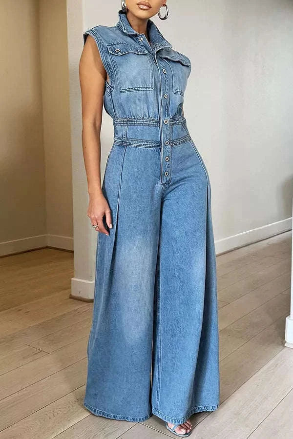 Combinaison en Denim Sans Manches Jambe Large Boutonnée