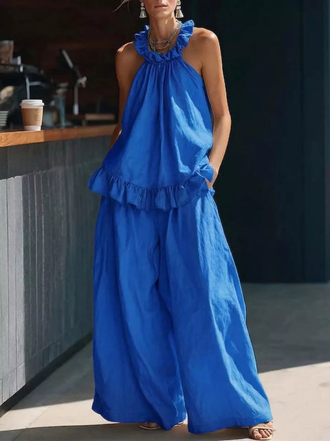 Full Size Ruffled Halter Neck Top and Wide-Leg Pants Set Plus Size - photo produit 1 - VELZAR