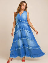 Robe Longue en Denim Superposée à Ourlet Brut - photo produit 2 - VELZAR