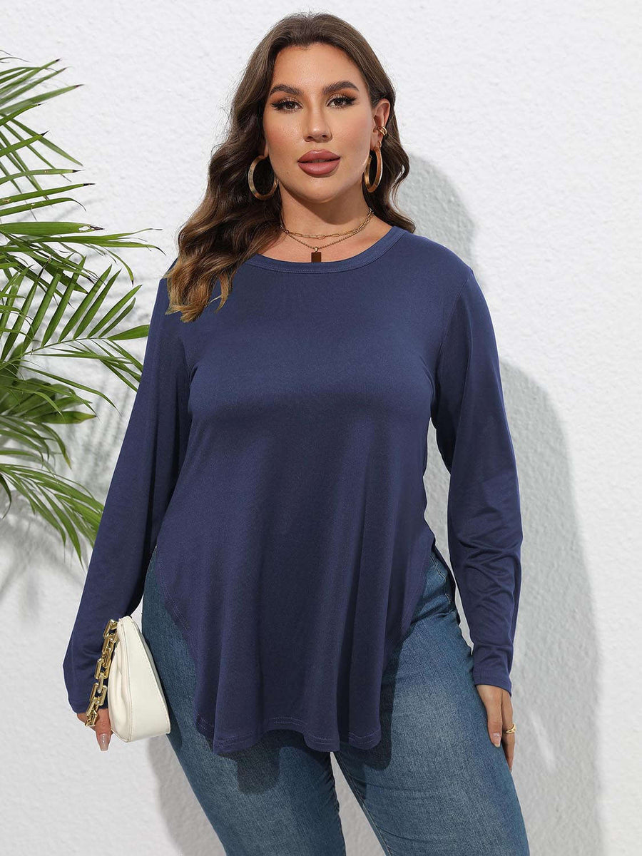 T-Shirt Col Rond Manches Longues Fendu Grande Taille