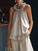 Full Size Ruffled Halter Neck Top and Wide-Leg Pants Set Plus Size - photo produit 4 - VELZAR