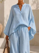 Full Size Notched Long Sleeve Top and Wide-Leg Pants Set Plus Size - photo produit 6 - VELZAR