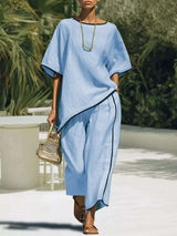 Contrast Trim Round Neck Top and Pants Set - photo produit 3 - VELZAR