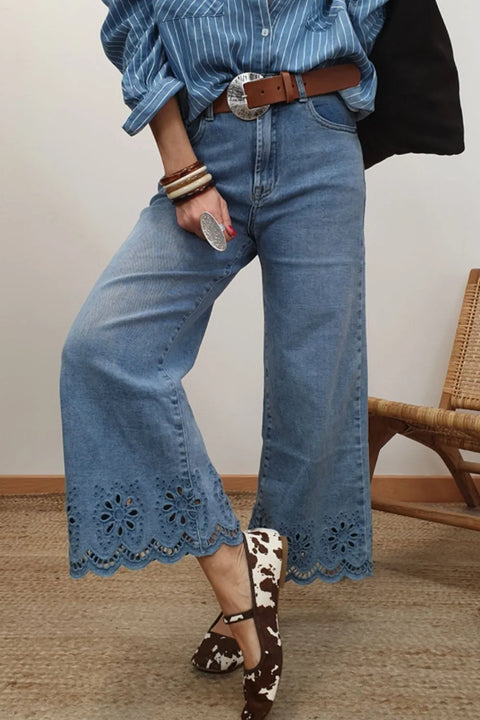 Lace Detail Cropped Wide Leg Jeans - photo produit 1 - VELZAR