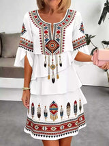 Full Size Printed Notched Ruffled Half Sleeve Dress Plus Size - photo produit 1 - VELZAR