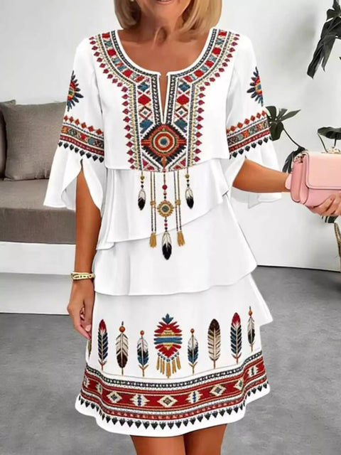 Full Size Printed Notched Ruffled Half Sleeve Dress Plus Size - photo produit 1 - VELZAR