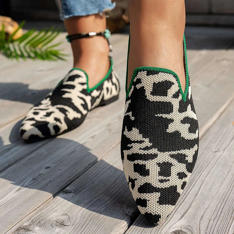 Mocassins en Maille Bout Pointu Imprimé Animal Liseré Contrasté