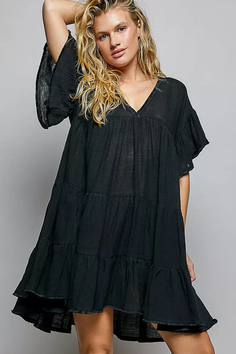 POL – Robe en Coton Col en V Volantée Froncée Manches Courtes - photo produit 1 - VELZAR