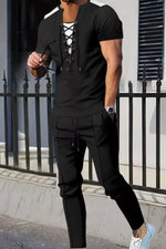 Men's Full Size Lace-Up Front Top and Pants Casual Set Plus Size - photo produit 3 - VELZAR
