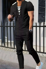 Men's Full Size Lace-Up Front Top and Pants Casual Set Plus Size - photo produit 3 - VELZAR