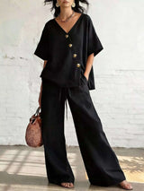 Full Size Surplice Half Sleeve Top and Wide-Leg Pants Set Plus Size - photo produit 5 - VELZAR
