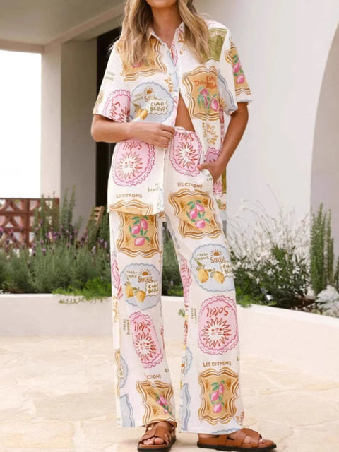 Printed Button Up Shirt and Pants Set - photo produit 1 - VELZAR