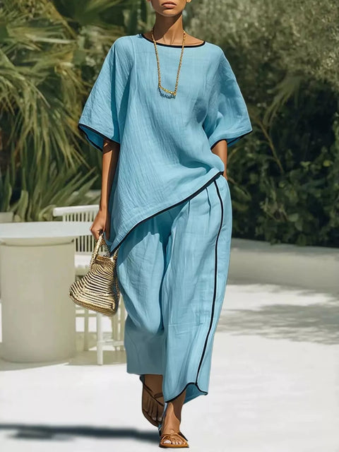 Full Size Contrast Trim Half Sleeve Top and Pants Set Plus Size - photo produit 1 - VELZAR