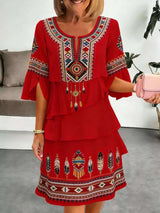 Full Size Printed Notched Ruffled Half Sleeve Dress Plus Size - photo produit 3 - VELZAR