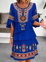 Full Size Printed Notched Ruffled Half Sleeve Dress Plus Size - photo produit 5 - VELZAR