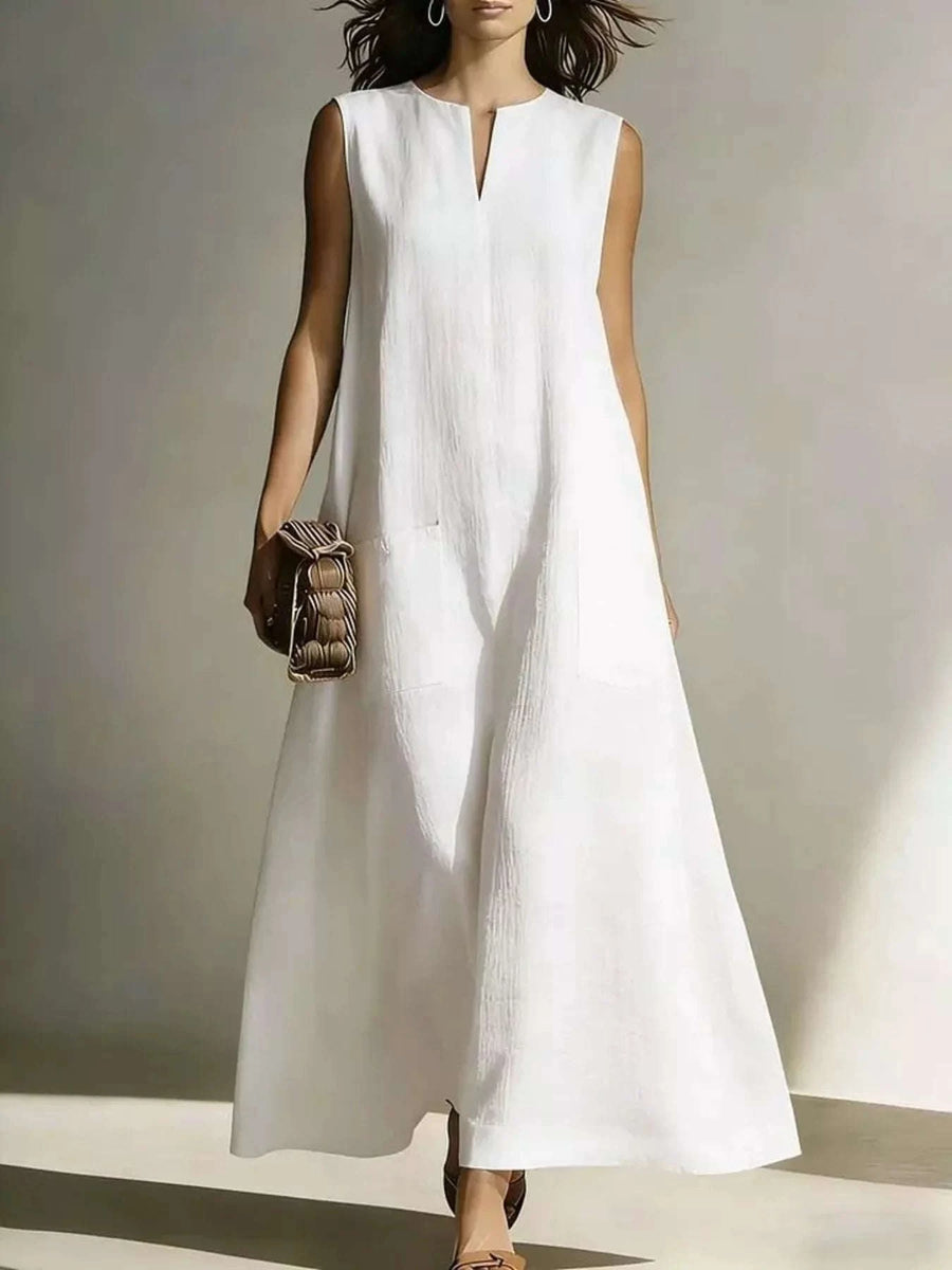 Robe Longue Col Cranté Sans Manches Grande Taille