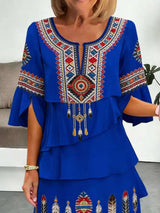 Full Size Printed Notched Ruffled Half Sleeve Dress Plus Size - photo produit 6 - VELZAR