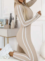 Full Size Stripe Zip-Front Long Sleeve Jumpsuit Plus Size - photo produit 5 - VELZAR
