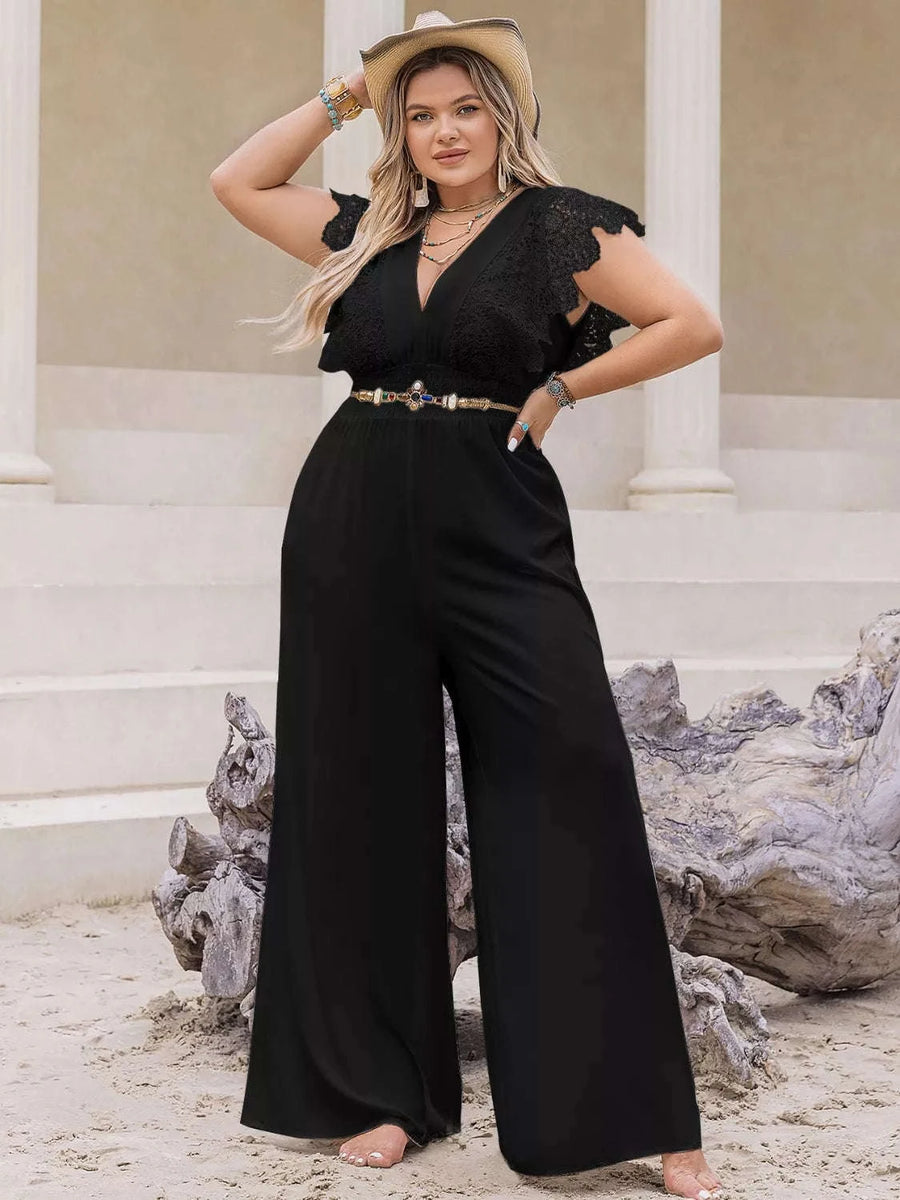 Combinaison Jambe Large Manches Courtes Dentelle Grande Taille